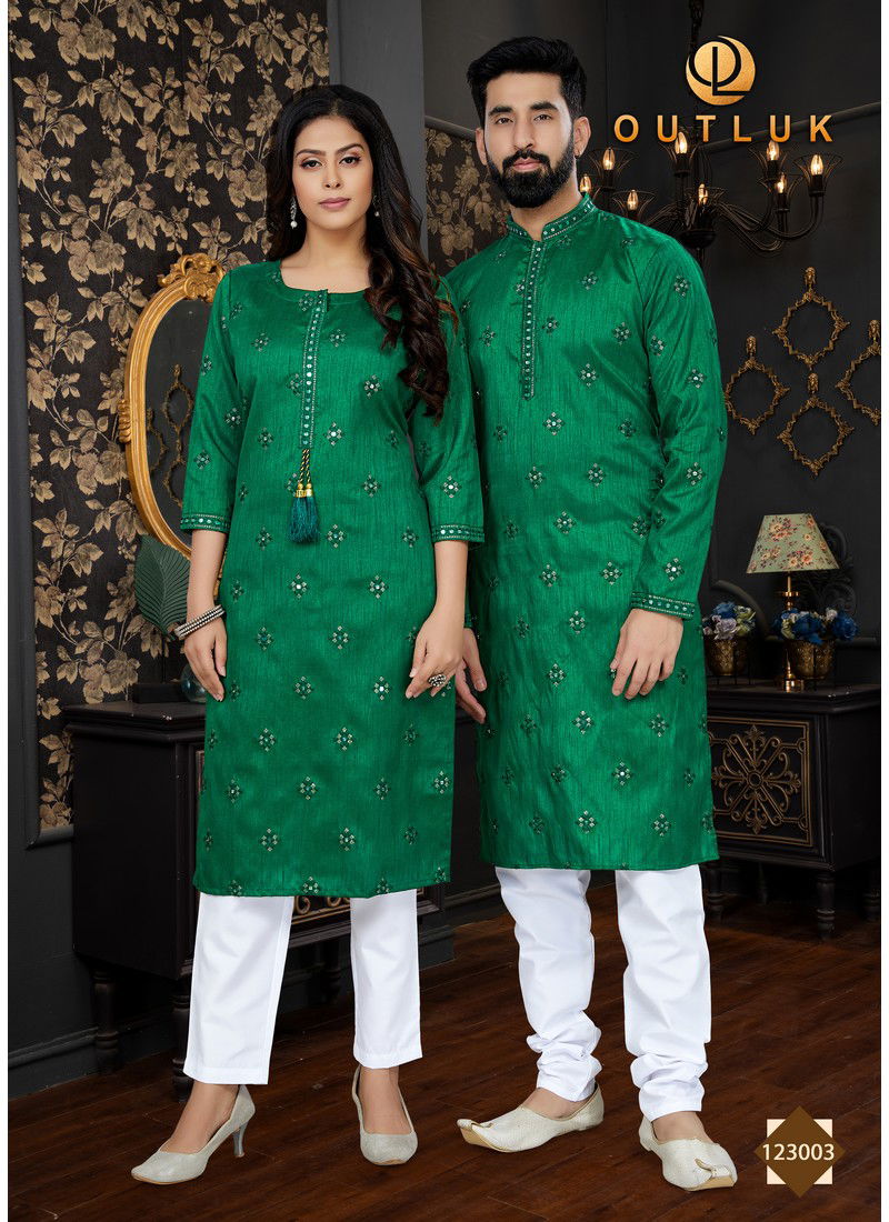 Bottle Green Colour Outluk Vol 123 Couple Set Kurta Pajama Catalog 123003