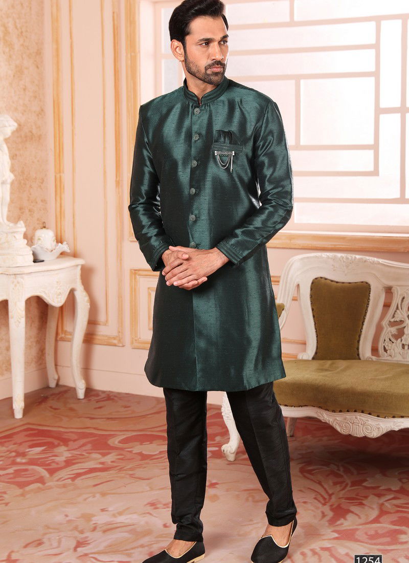 Bottle Green Colour Wedding Wear Mens Wholesale Indo Western Catalog 1254