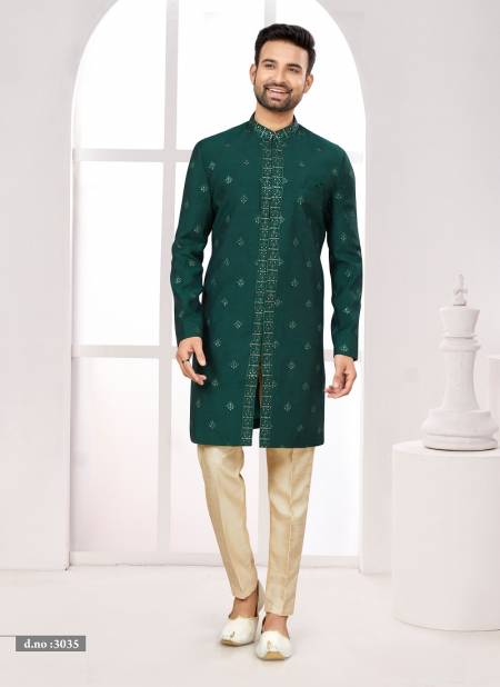Bottle Green Cream Colour Party wear Exclusive Indo Western Mens wear Catalog 3035