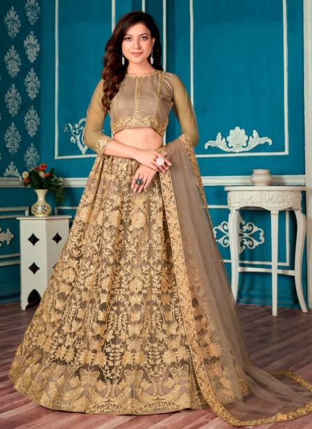 Bridal lehenga paired with brown color heavily embellished choli and two  net dupattas with heavy embroidered border in peach and maroon color  |lovelyweddingmall.com|