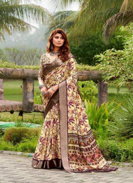 Brown And Cream Colour Vaani By Mahamani Creation Tussar Silk Printed Designer Saree Catalog 3009