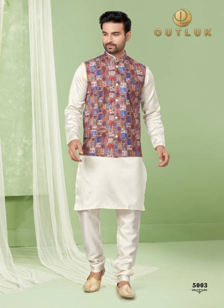 Brown And Multi Colour Outluk Wedding Collection Vol 5 Mens Wear Modi Jacket Kurta Pajama Catalog 5003