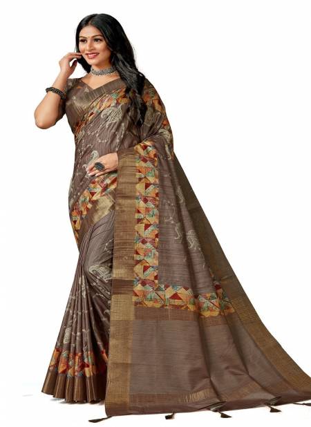 Brown Colour Amuska Silk Printed Designer Saree Catalog 7502 Catalog