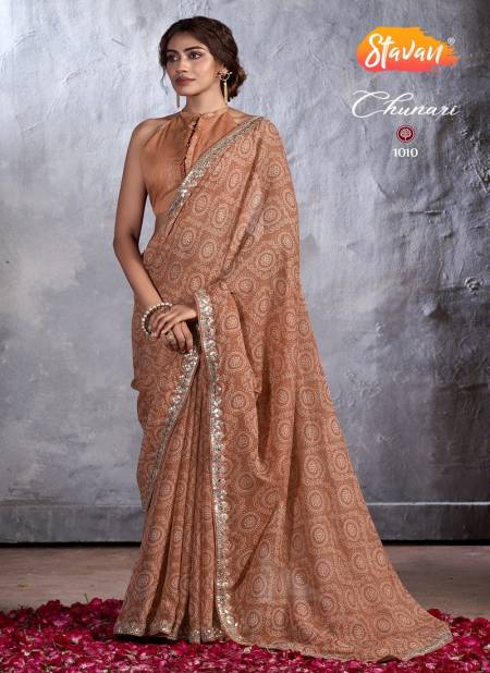 Brown Colour Chunari By Stavan Designer Chiffon Embroidery Sarees Wholesale Price In Surat 1010