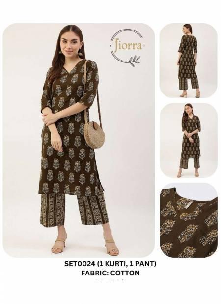 Brown Colour Fiorra SET0000 09 Summer Special Printed Cotton Kurti With Bottom Wholesale Online SET0024