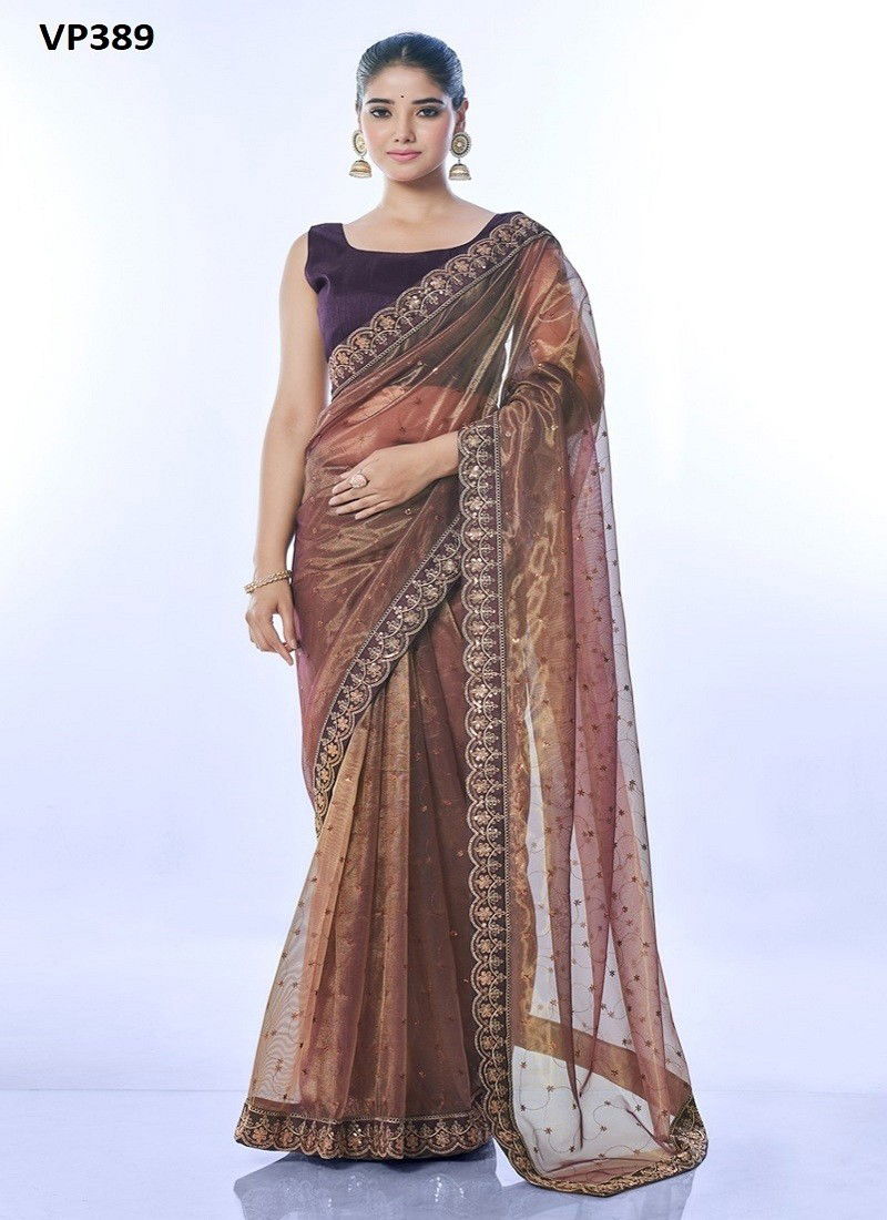 Brown Colour Golden Thar By Fashion Berry Net Saree Embroiderdy Exporters In India VP389