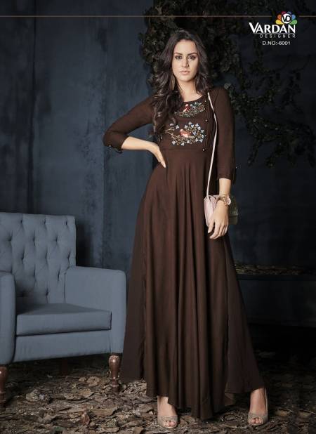 Brown Colour Gulnaz Vol 1 By Vardan Embroidery Flaired Riyon Anarkali Kurti Wholesale In India 6001