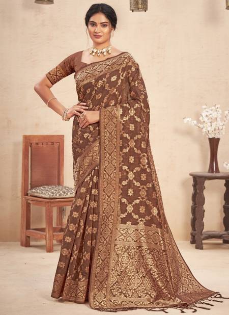 Brown Colour Kailash Sangam Wedding Wear Heavy Wholesale Cotton Sarees Catalog 3657