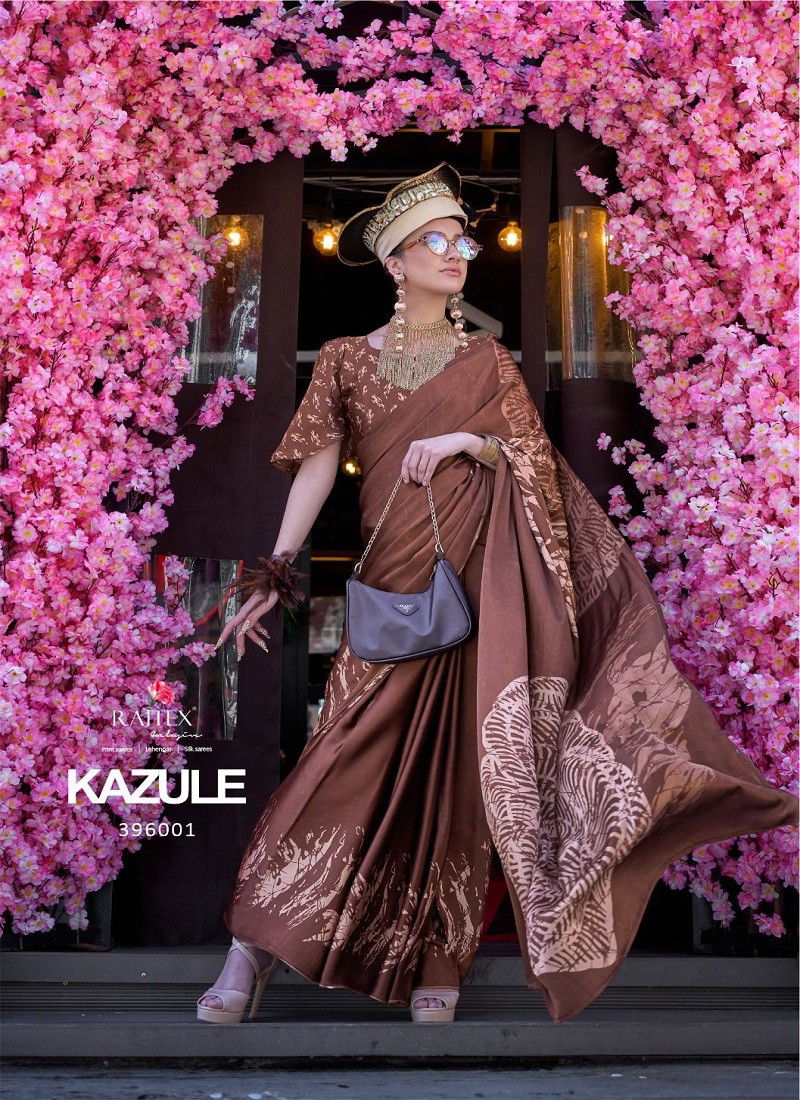 Brown Colour Kazule By Rajtex Printed Satin Crepe Saree Orders In India 396001