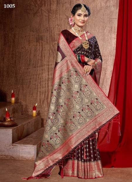 Brown Colour Lavisha Silk By Sangam Banarasi Silk Designer Saree Catalog 1005