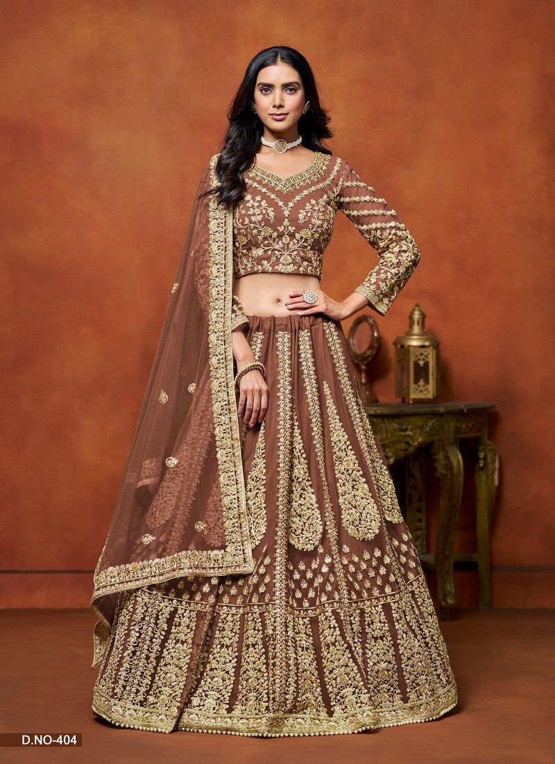 Brown Colour Mehvish Vol 4 Net Wedding Wear Lehenga Choli Exporters In India 404