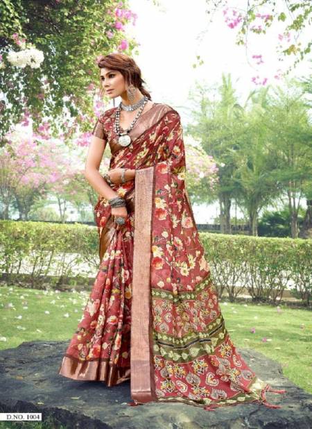 Brown Colour Nancy By Mahamani Creation Tussar Silk Printed Saree Catalog 1004