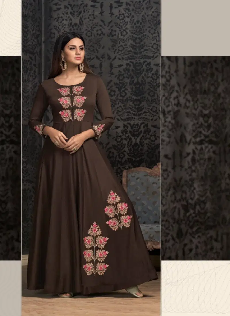 Brown Colour Navya Vol 16 By Vardan Maslin Embroidery Gown Wholesale Online 1604