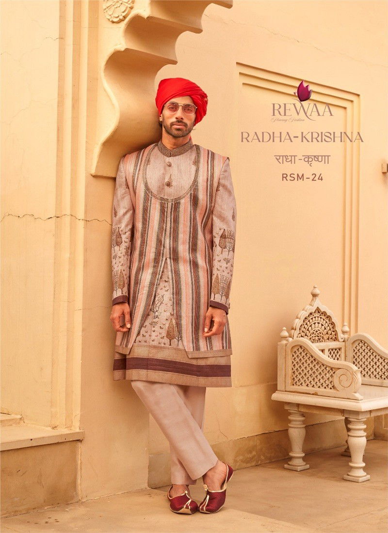 Brown Colour Radha-Krishna By Rewaa Designer Wedding Mens Wear Indo Western Wholesalers In Delhi RSM-24