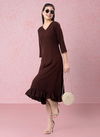 Brown Colour Raisin American Crepe Party Wear Western Midi Dress Catalog OLRF0032