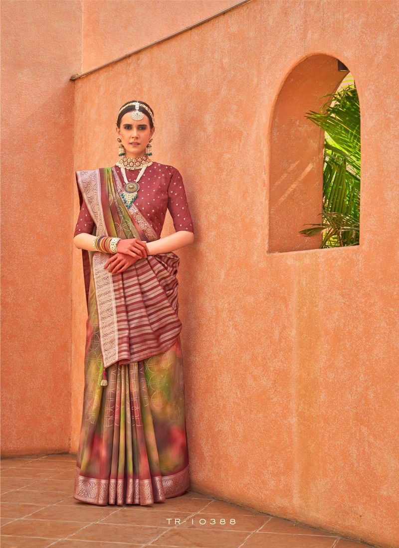 Brown Colour Rang Tarang By Trirath P V Silk Foil Printed Saree Wholesale Shop In Surat 10388