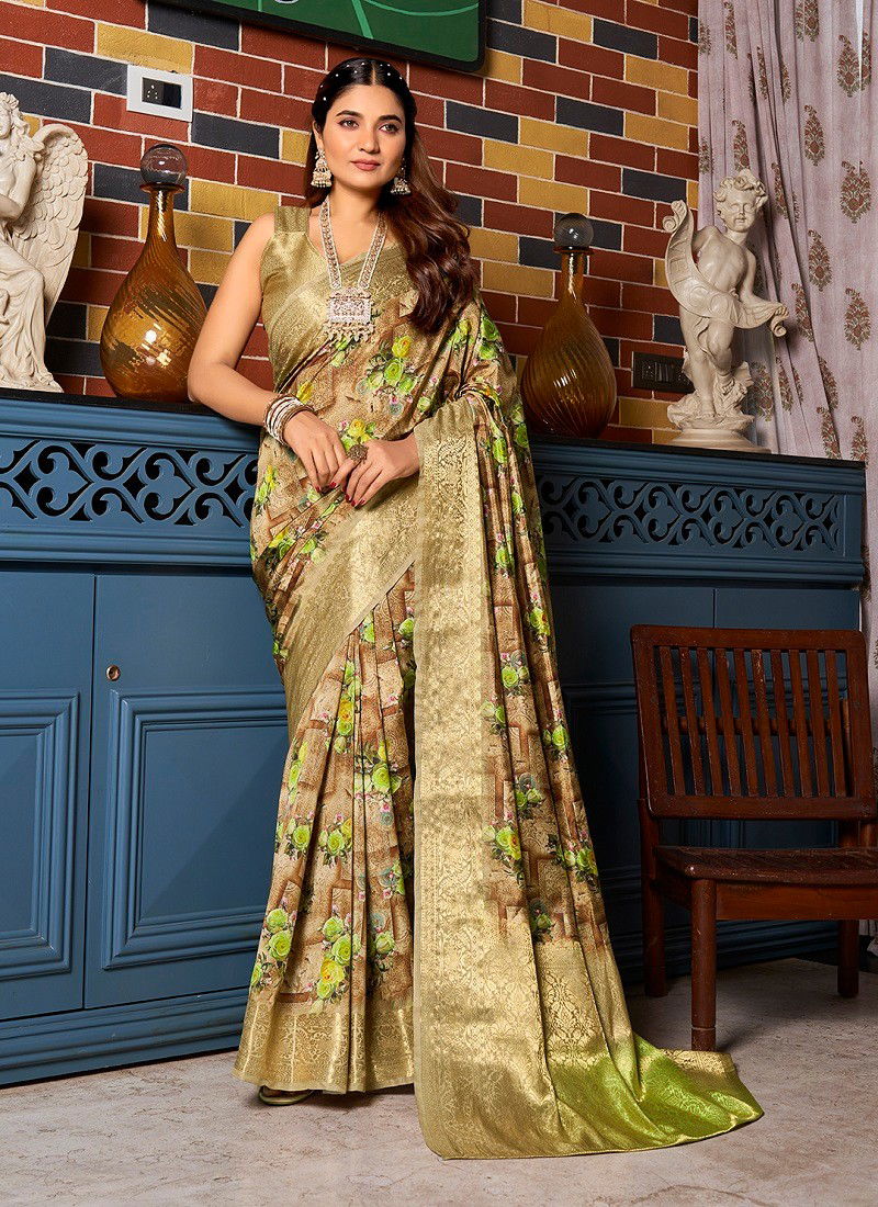 Brown Colour SS 175 Flower Printed Silk Womans Saree Wholesale In Delhi DS-119