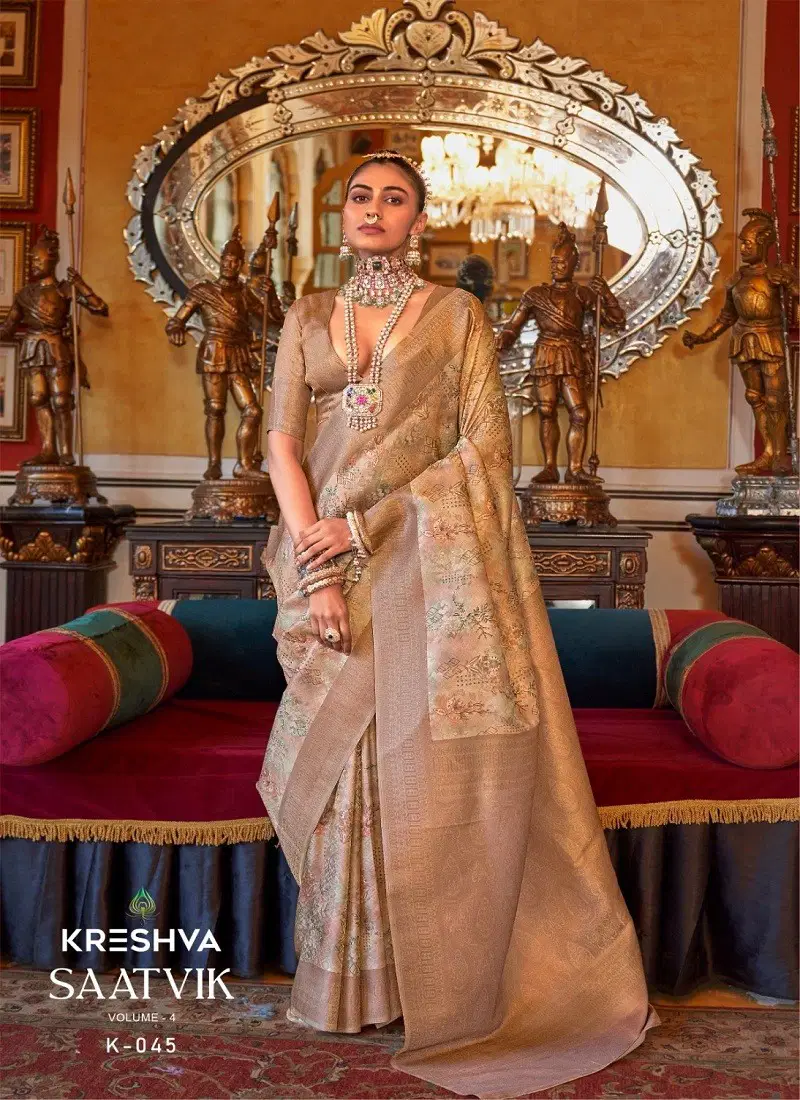 Brown Colour Saatvik Vol 4 By Kreshva Tusser Silk Digital Printed Saree Orders In India K-045