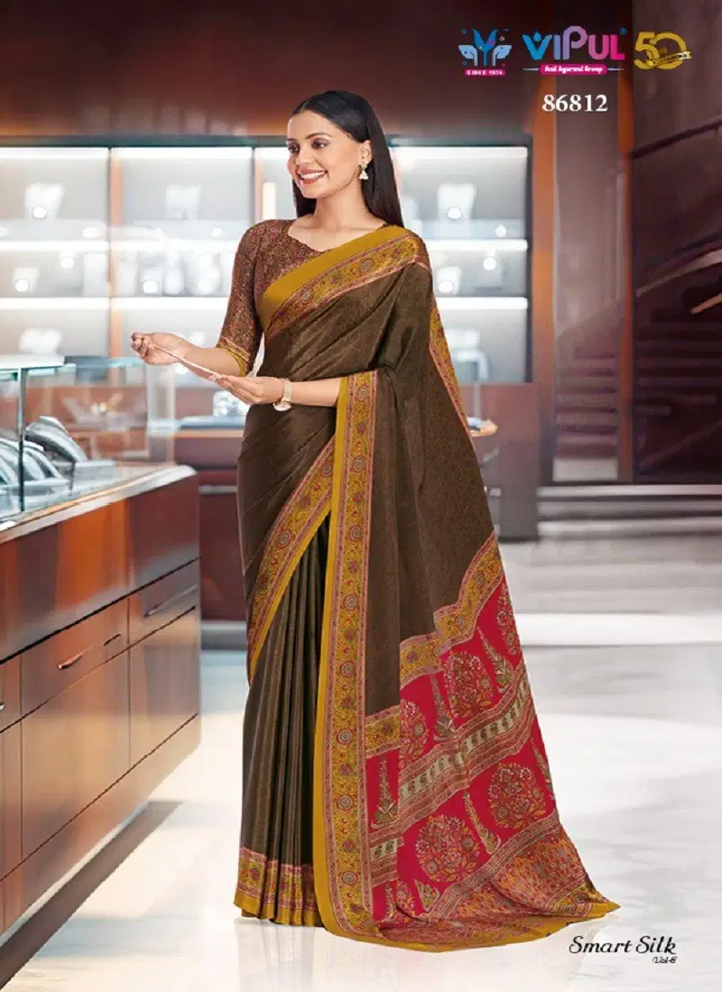 Brown Colour Smart Silk Vol 6 By Vipul Crepe Uniform Wear Saree Exporters In India 86812