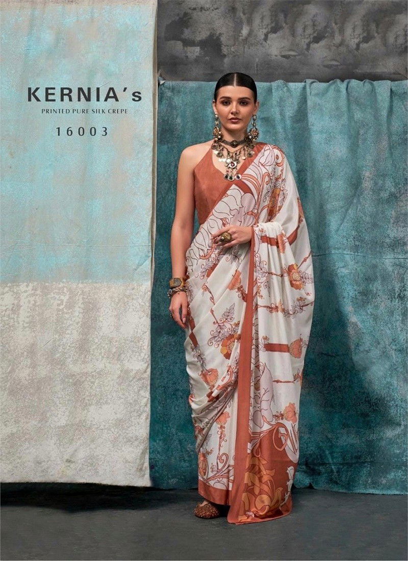 Brown Colour kernias By Rajbeer Crepe Silk Printed Saree Suppliers In India 16003