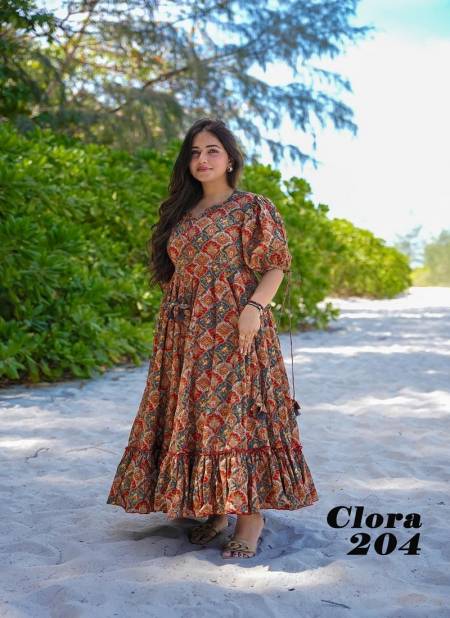 Brown Multi Colour Clora vol 2 By Lucaya Beautiful Printed Flair Rayon Ladies One Piece Western Dress Manufacturers Clora 204