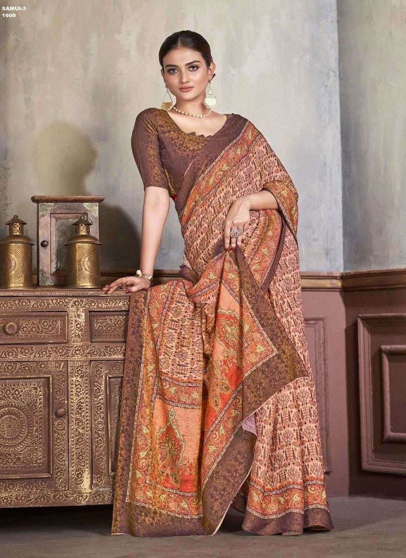 Brown Multi Colour Samui Vol 3 By Jivora Silk Printed Daily Wear Wholesale Saree Suppliers In Mumbai 1608