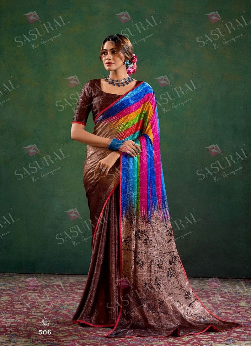 Brown Multi Colour Sophia By Sasural Digital Printed Crape Jacquard Saree Exporters In India 506