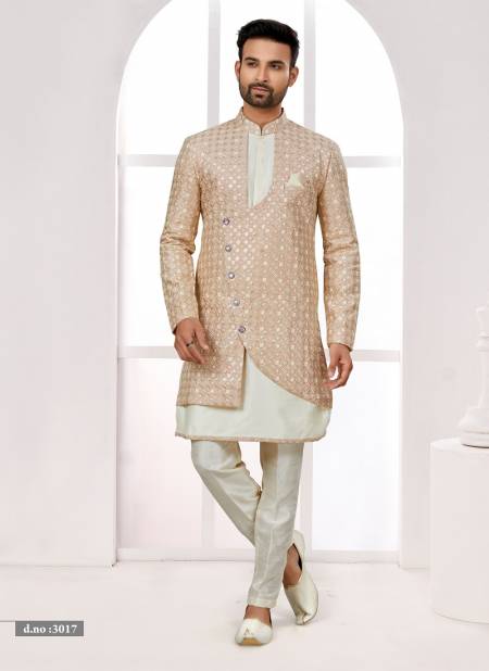 Brown and Cream Colour Party wear Indo Western Mens wear Catalog 3017