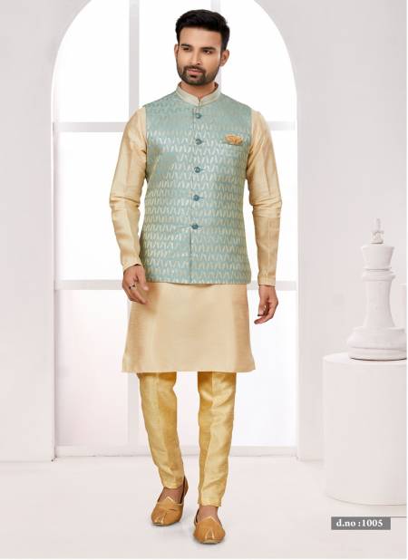 C Green Cream Colour Function wear Lakhnavi Mens wear Modi Jacket Kurta Pajama Catalog 1005