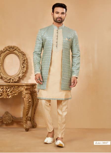 C Green and Gold Colour Party wear Exclusive Indo Western Mens wear Catalog 3047