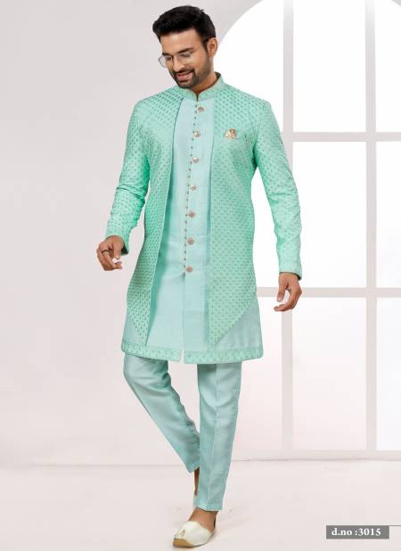 C Green and Off White Colour Party wear Indo Western Mens wear Catalog 3015