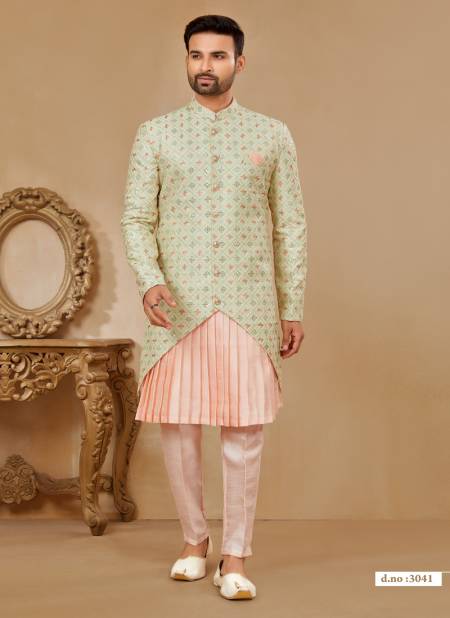 C Green and Peach Colour Party wear Exclusive Indo Western Mens wear Catalog 3041