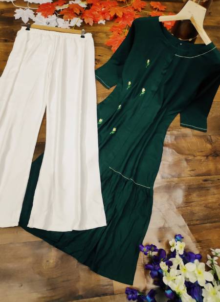 Green Velentino Casual Wear Festive Wear Embellished Work Heavy Rayon Stylish Kurti With Pazzo SL08 Green And White