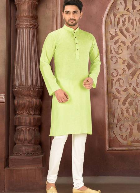  Casual Wear Machine Work Plain Cotton Green Color Kurta With Wooden Buttons And Payjama AC Slub Cot 01
