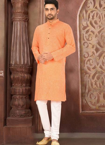  Casual Wear Machine Work Plain Cotton Orange Color Kurta With Wooden Buttons And Payjama AC Slub Cot 03