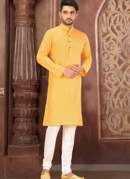  Casual Wear Machine Work Plain Cotton Yellow Color Kurta With Wooden Buttons And Payjama AC Slub Cot 06