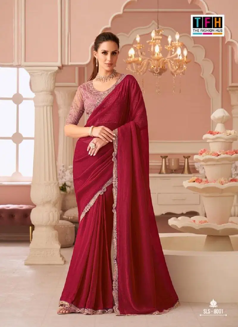 Cherry Red Colour Salsa Style 4 By TFH Party Wear Sarees Suppliers In India SLS-8001