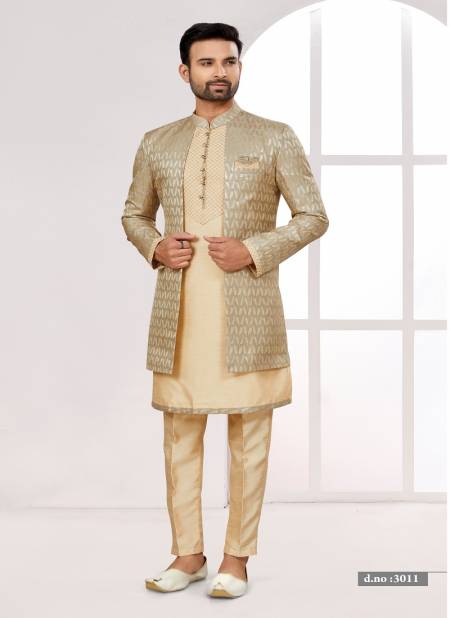 Chikoo and Gold Colour Party wear Indo Western Mens wear Catalog 3011