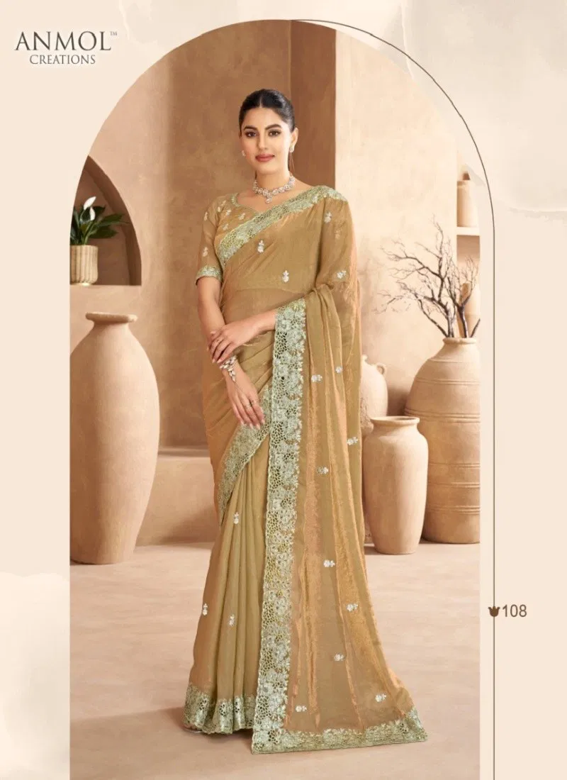 Chiku Colour Jade By Anmol Fendi Satin Party Wear Saree Orders In India 108