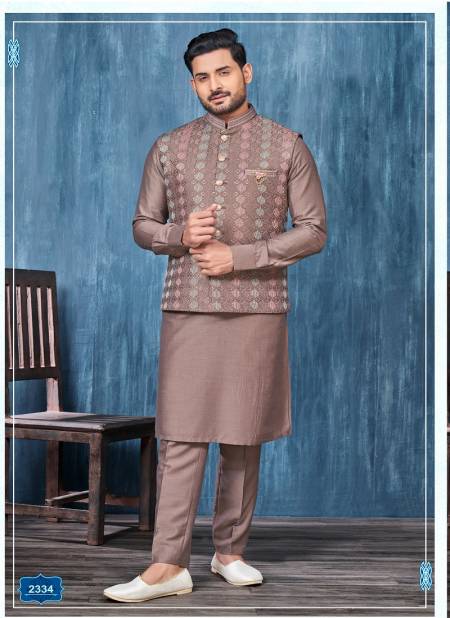 Coffee Colour Occasion Wear Art Banarasi Silk Mens Modi Jacket Kurta Pajama Wholesale Market In Surat 2334