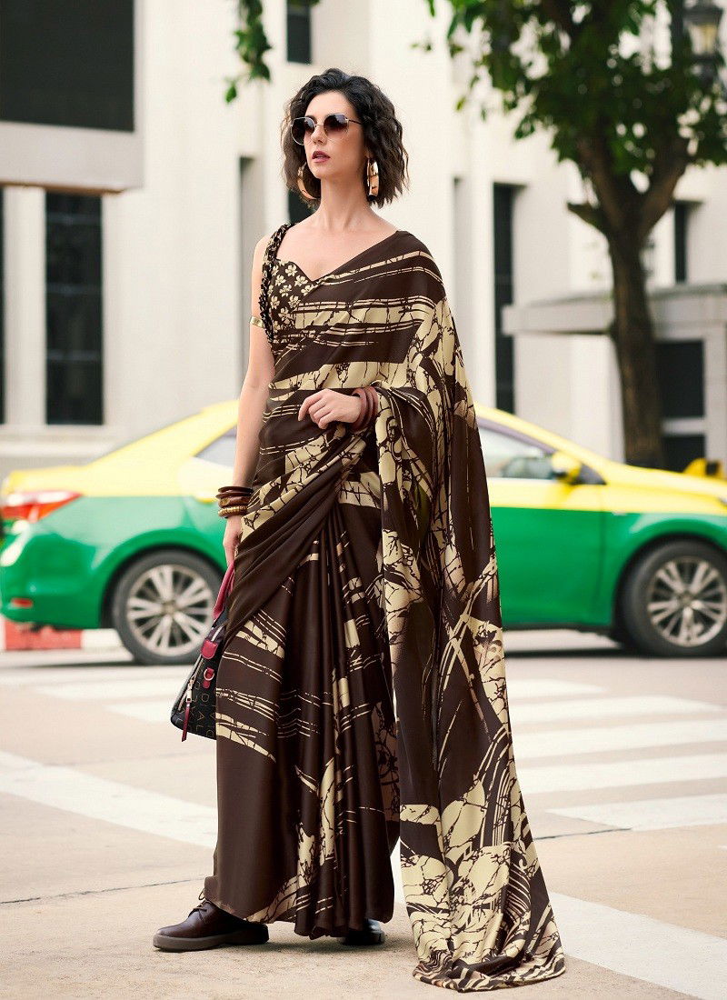 Coffee Colour Rare Rabbit By Rajpath Japan Sattin Causal Wear Saree Wholesalers In Delhi 700002