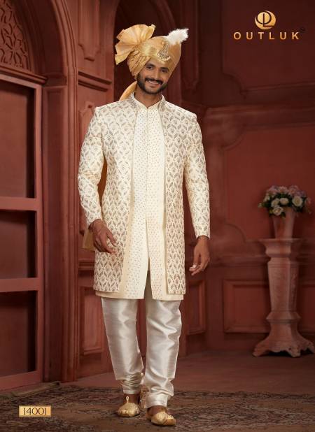 Cream And Beige Colour Outluk Wedding Collection Vol 14 Pure Silk Mens Wear Sherwani Wholesale Online 14001