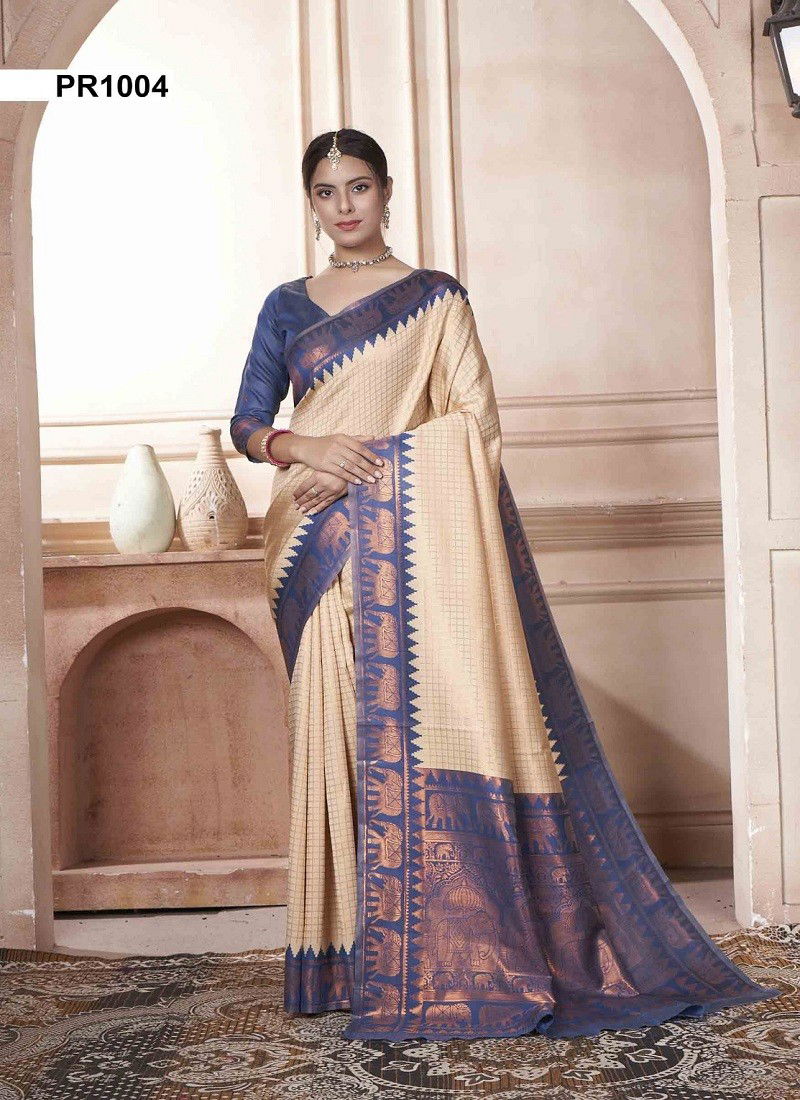 Cream And Blue Colour Preeti By 3 Of Kubera Pattu Kanjivaram Silk Sarees Surat Wholesale Market PR1004