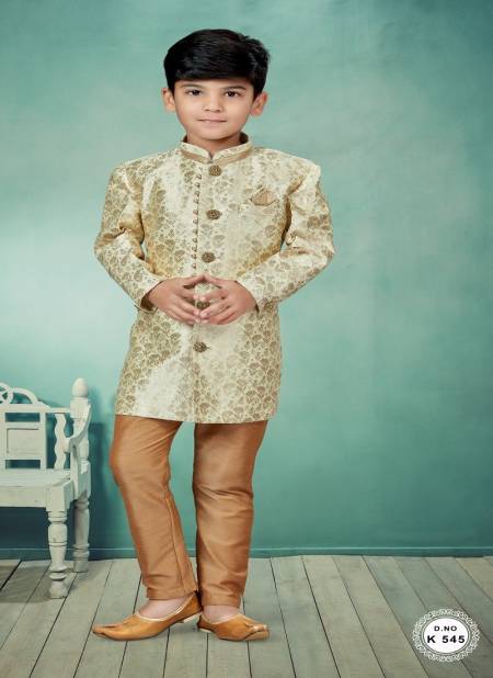 Cream And Gold Colour Kids Indo Western Sherwani Catalog K 545