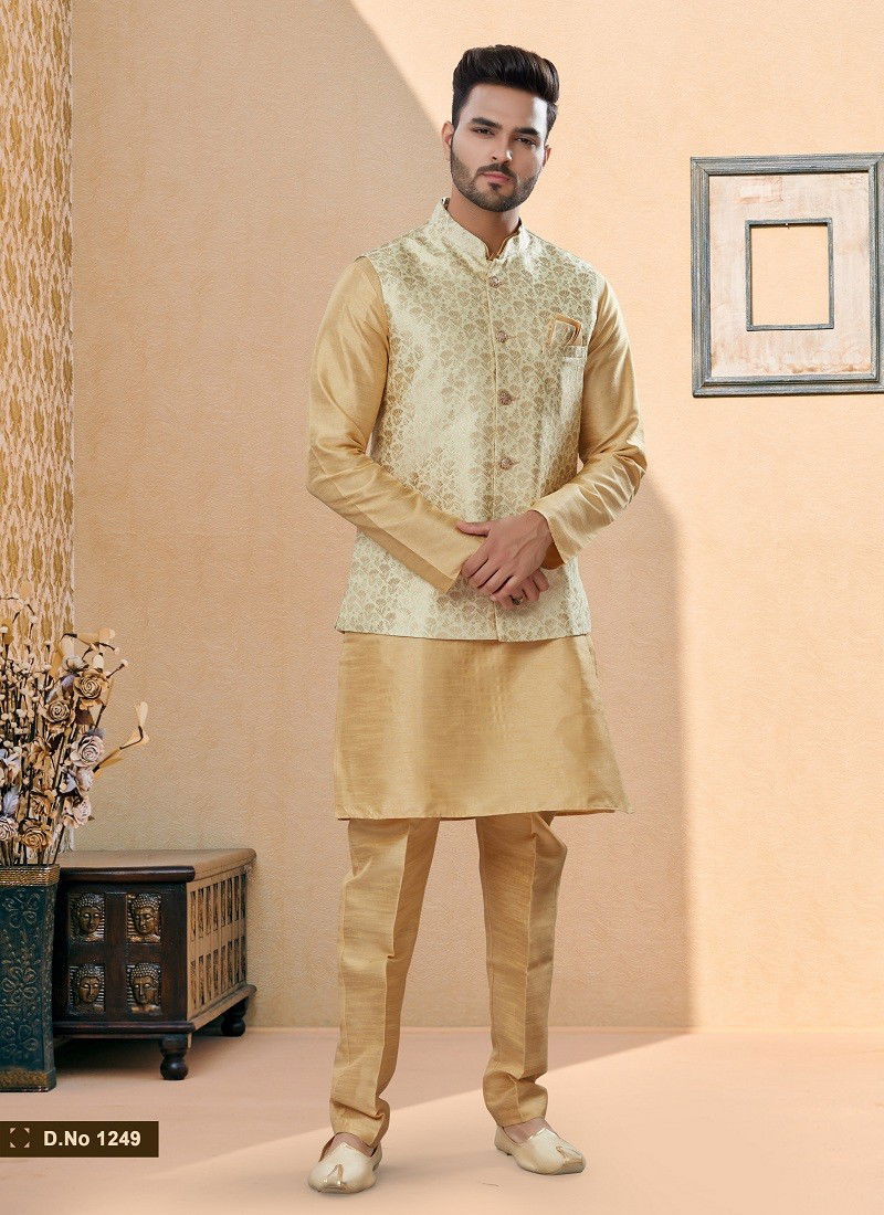 Cream And Gold Vol 15 Wedding Wear Mens Modi Jacket Kurta Pajama Surat Wholesale Market 1249