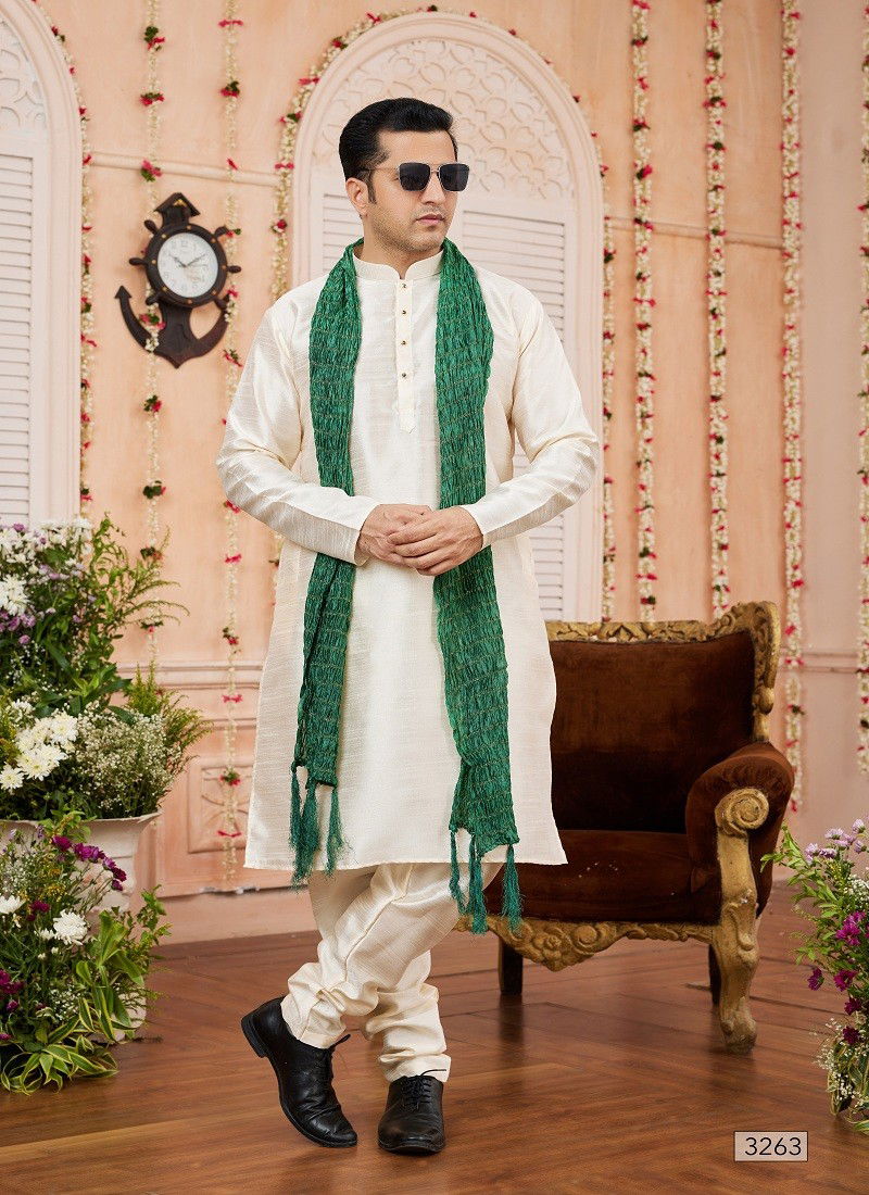 Cream And Green Colour 1644 Function Wear Art Silk Mens Kurta Pajama With Dupatta Orders In India 3263