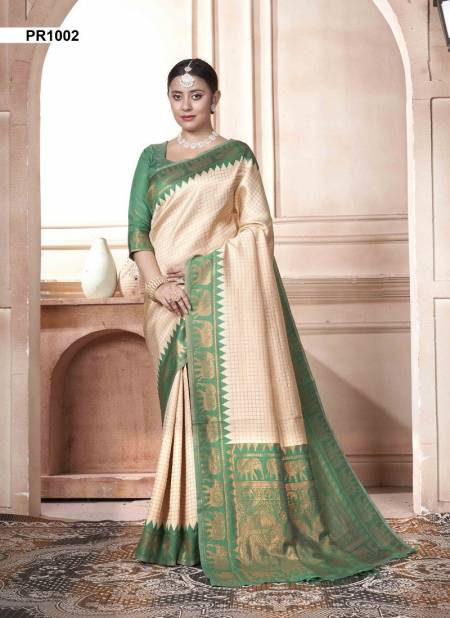 Cream And Green Colour Preeti By 3 Of Kubera Pattu Kanjivaram Silk Sarees Surat Wholesale Market PR1002