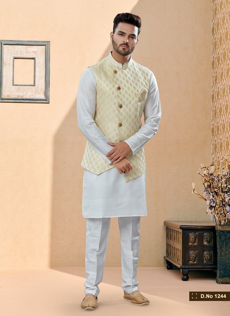 Cream And Grey Vol 15 Wedding Wear Mens Modi Jacket Kurta Pajama Surat Wholesale Market 1244