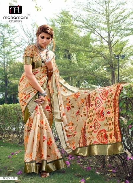 Cream And Mehendi Colour Nancy By Mahamani Creation Tussar Silk Printed Saree Catalog 1011
