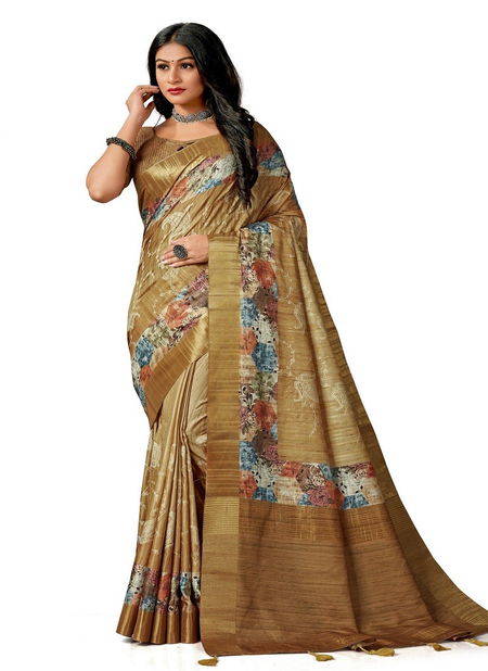 Cream And Multi Colour Amuska Silk Printed Designer Saree Catalog 7509 Catalog